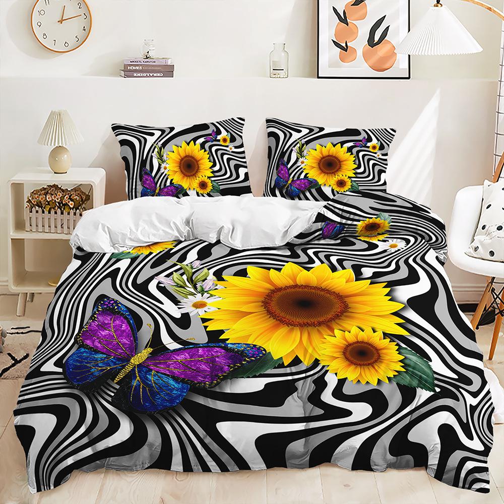 Quilt Cover Idyllic Sunflower Bed Cover Pillowcase Digital Printing Bedding Three-Piece Set