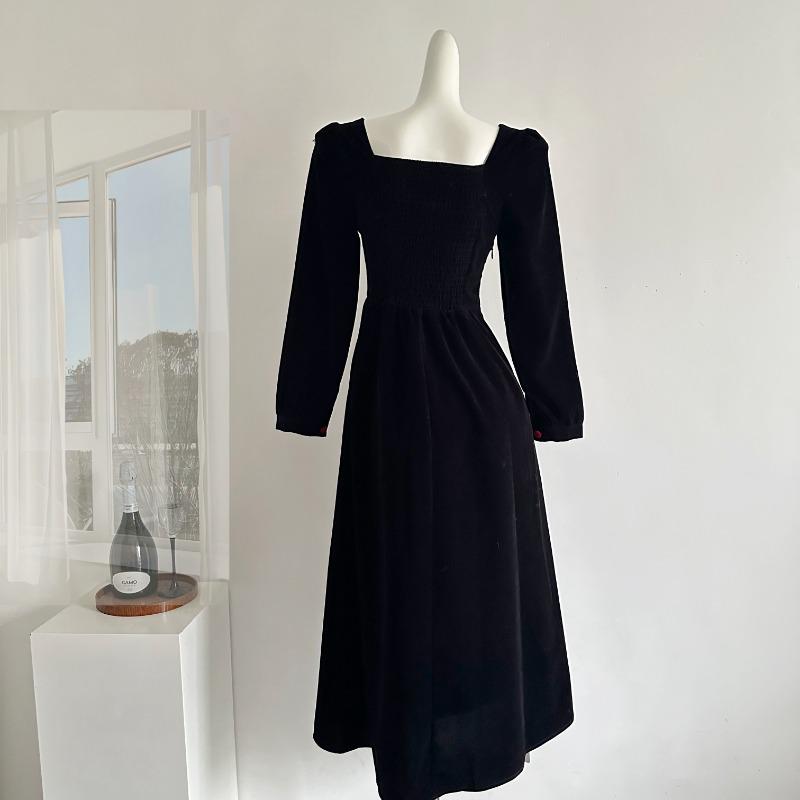 Spring and Autumn New Women's Long Sleeve Square Collar Vintage Bow Lace Black and White Stitching Dress