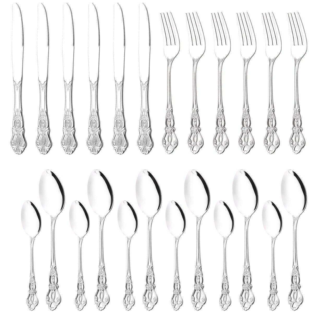 

Красочный набор столовых приборов, столовое серебро из нержавеющей стали, ножи, десертная вилка, кофейная ложка, столовые приборы, набор домашней кухонной посуды серебряный