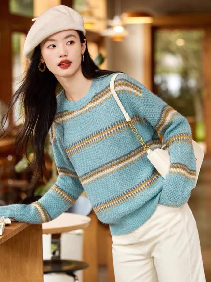 

Модный темперамент осень новый женская одежда длинный рукав круглый вырез универсальный нежный свободный длинный рукав пуловер свитер толстый average size морская волна