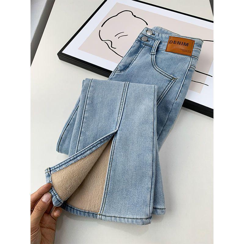 

High-Waisted Fleece-Lined Slimming Flare Jeans with Slits for Women 26 for 80-90 jin