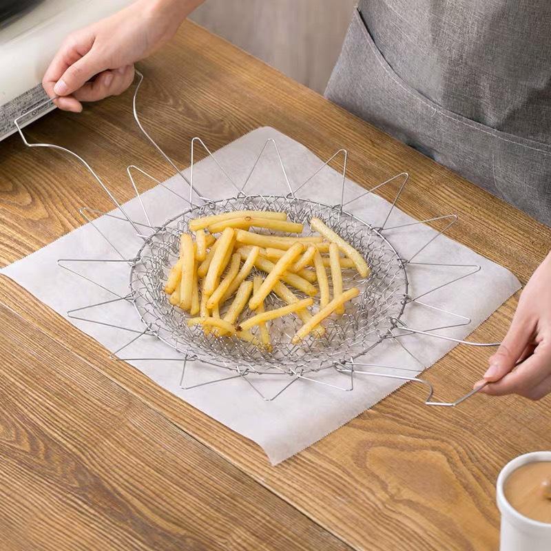 1PC 304 Stainless Steel Frying Basket Household French Fries Fried Chicken Wings Telescopic Folding Round Filter Drain Basket Frying Basket