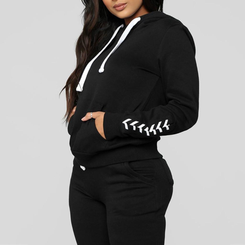 Fashion Women Casual Stripe Lace Long Sleeve Pullove Sport Tops+Long Pants Set