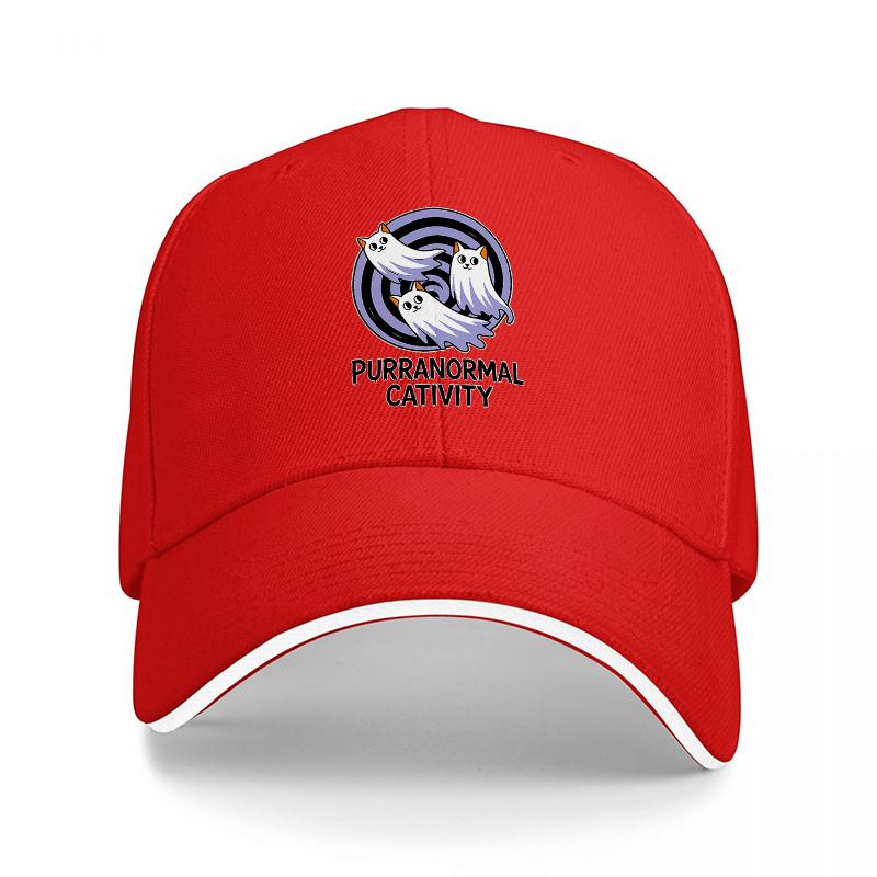 

Purranormal Cativity Ghost Cats Baseball Cap Black Design with Purple Circle and White Trim Fun Feline Theme for Cat Lovers Adjustable