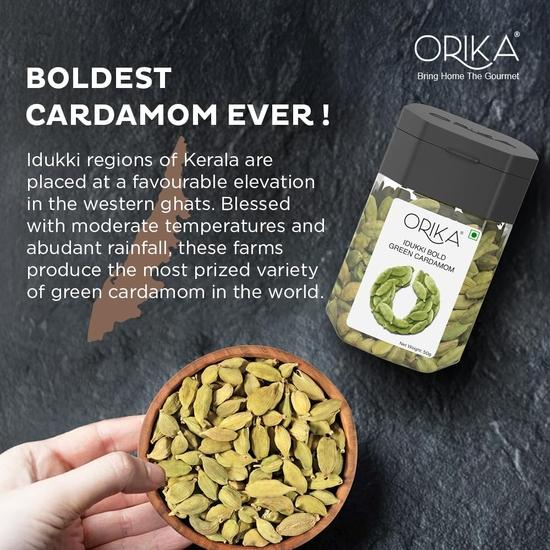 Orika Idukki Bold Green Cardamom Whole 50g | Bold 8mm Elaichi Green | No Artificial Colours or Preservatives