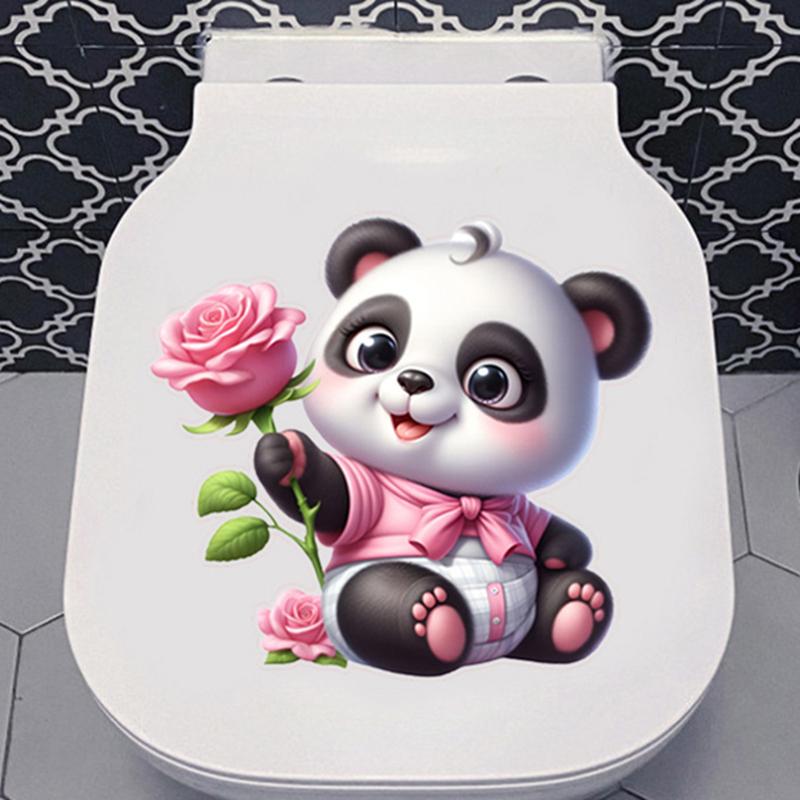 Cute Pink Baby Panda Rose Toilet Stickers For Home Decoration Wedding Living Room Bedroom Vinyl Wall Art Romantic Warm Wallpaper