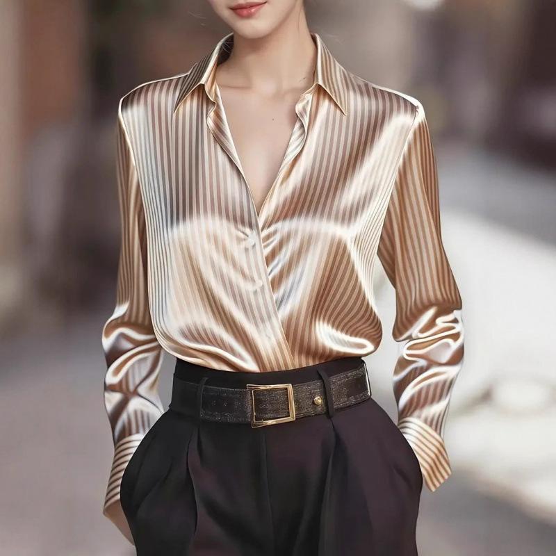 Women's Satin Striped Blouse Long Sleeve Turn-Down Collar Office Business Casual Top