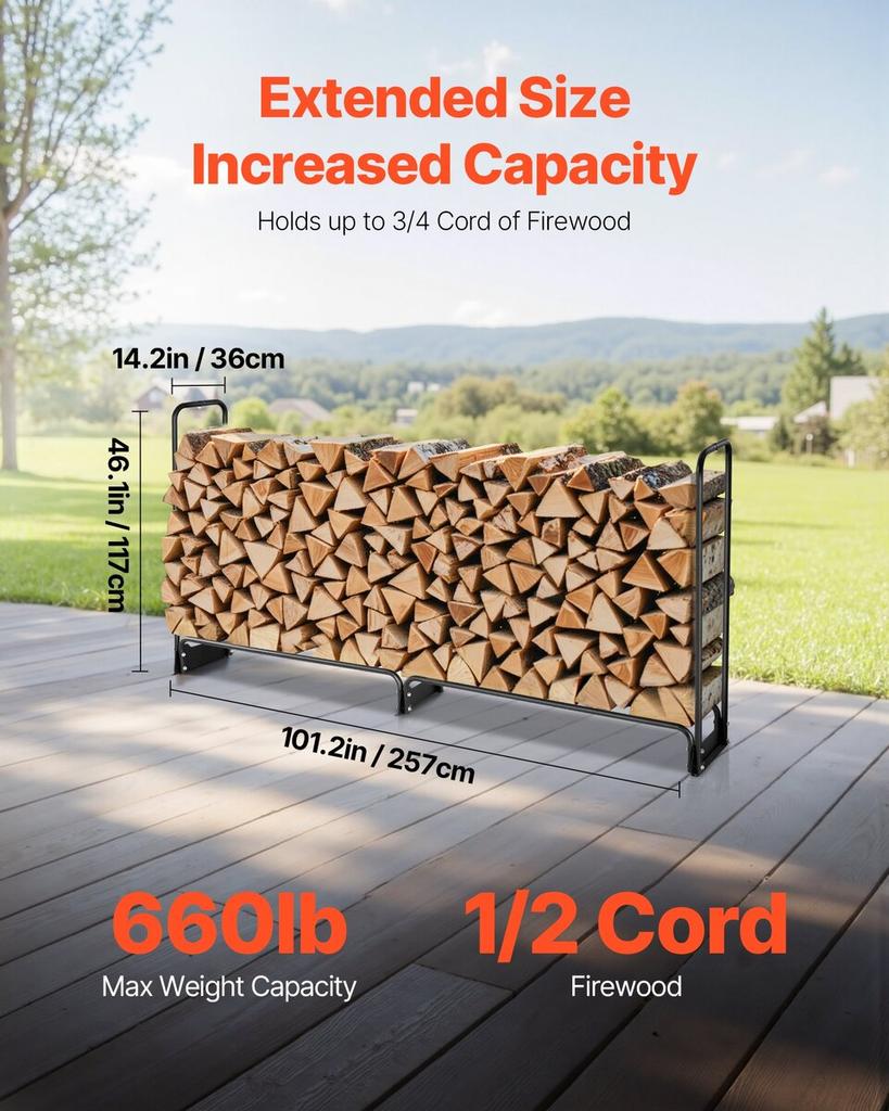 Firewood Rack with Waterproof Cover, 2.57m Outdoor Firewood Holder, 1/2 Cord Storage Metal Log Holder, 299kg Max Weight Capacity, Top Covered,