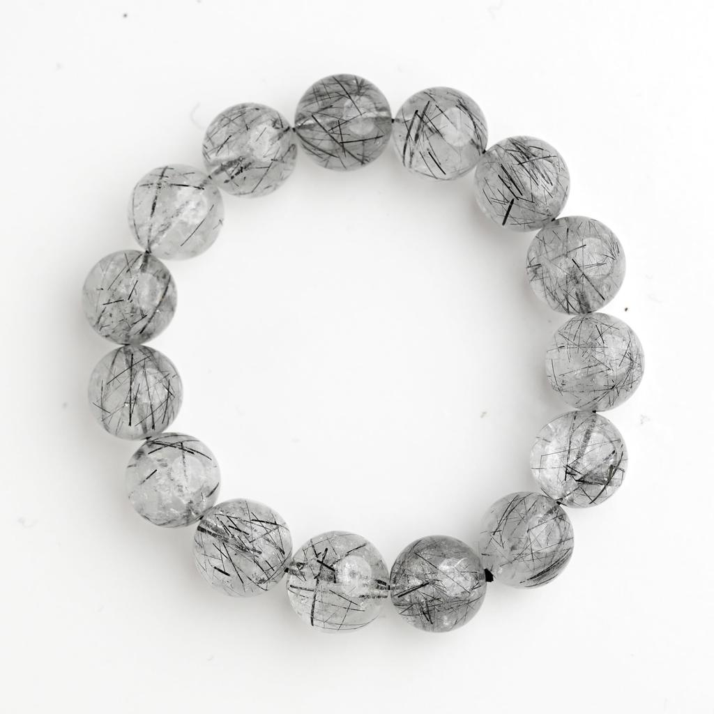 Black Rutilated Quartz Bracelet Tourmaline in 14mm 17cm Wrist Limited Natural Power Prayer Good Luck Feng Shui [Eigado] (Black Quartz) Stone, Size,