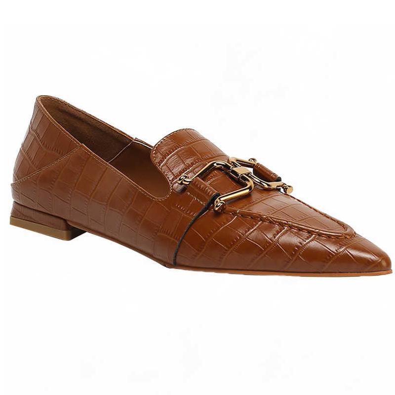 French retro leather loafers pointed metal buckle flat-soled small leather shoes with one pedal low heel medium mouth soft leather single shoes