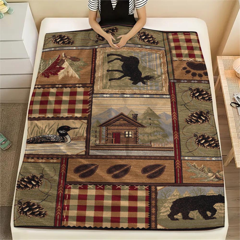 1Pc Cabin Wildlife Print Flannel Blanket, High Quality Comfortable for All Seasons, Home Decor, Warmth and Comfort, Perfect for Gifts