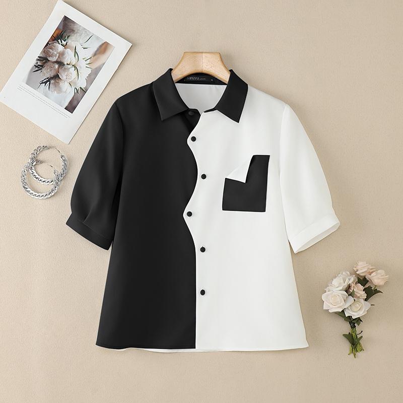 

ZANZEA Женская летняя блузка с отложным воротником и рукавом три четверти, пэчворк L чёрный