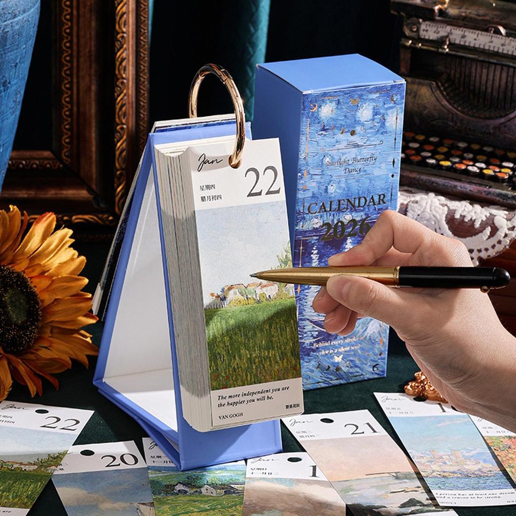 2026 Oil Painting Desk Calendar 365 Days Artwork with Stand Monthly Art Calendar for Home Office Desk Decor, Daily Planner
