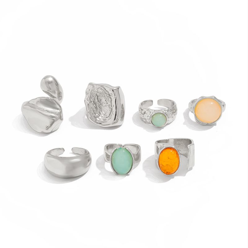 Multi-Piece Set of Metal Inlaid Jade Rings, European and American Light Luxury Fashion Photo Shoot Accessories, Trendy Items