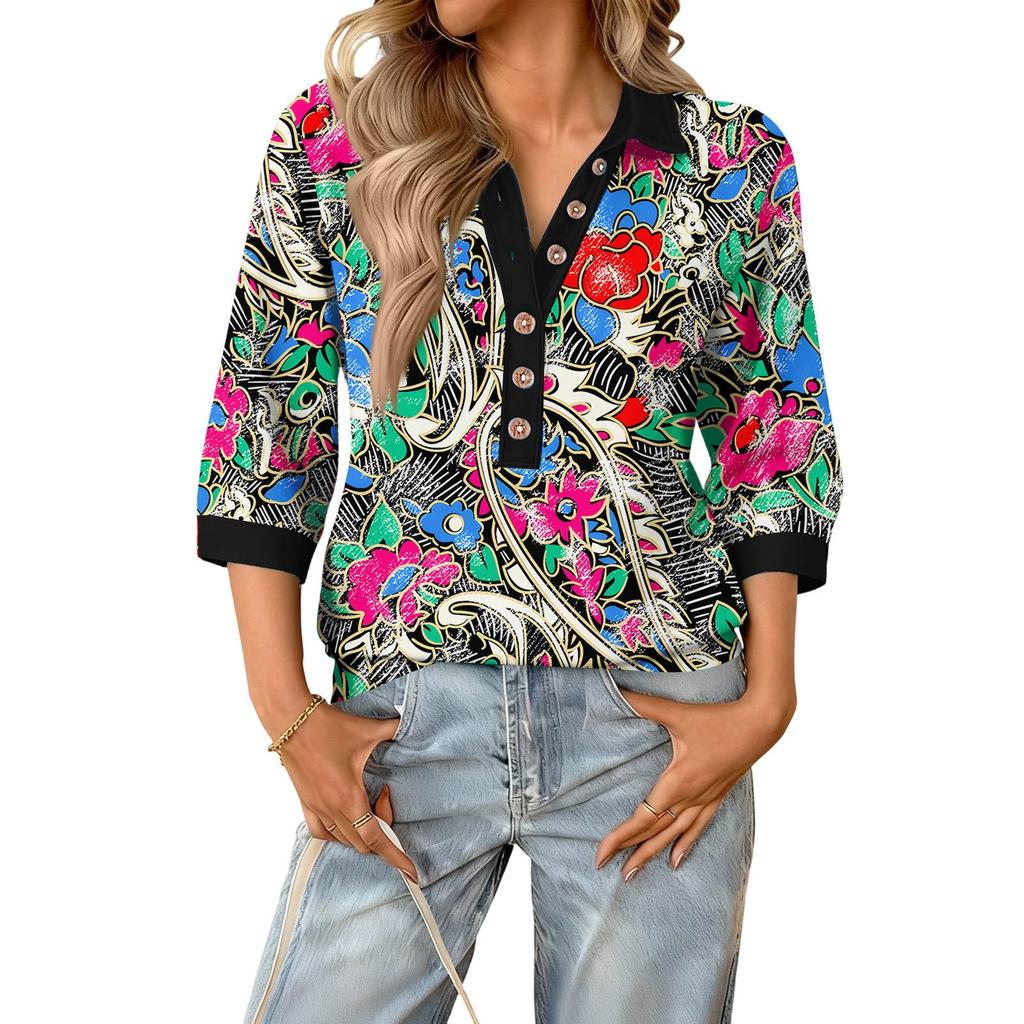 Damen modisches und lässiges Sommer V-Ausschnitt Patchwork Dreiviertelarm Blumenoberteil