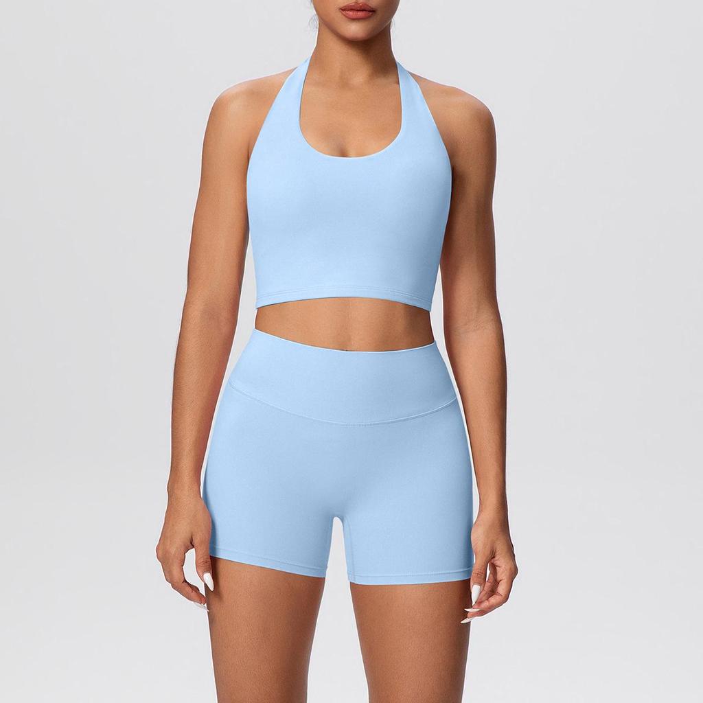 European & American Halter Sports Bra and High Waist Yoga Shorts Set for Women