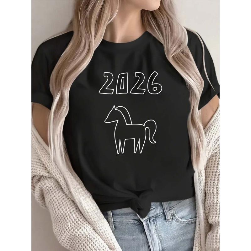 

European Size Women s 2026 Horse Year T-Shirt - Soft Polyester Round Neck Top with Horse Print, Lightweight Daily Wear for Chinese New Year Outfits 4XL чорний