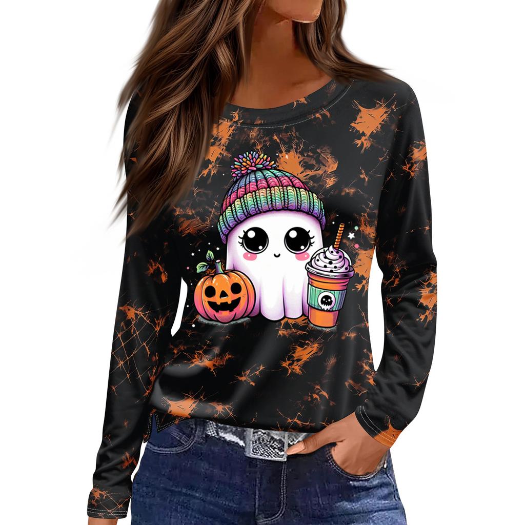 Women's Fashion Long Sleeve Tunic Top with Halloween Print and Side Slits - Round Neck Blouse for Party