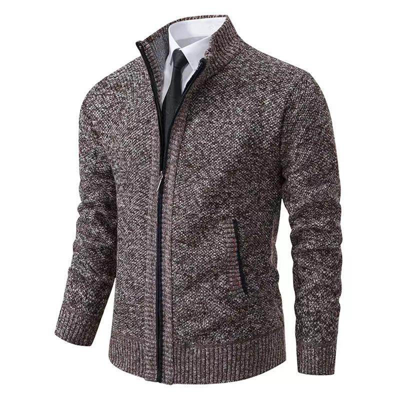 Men's Fleece-Lined Cardigan: Thick Knit Zipper Sweater with Stand-Up Collar for Autumn/Winter 2023
