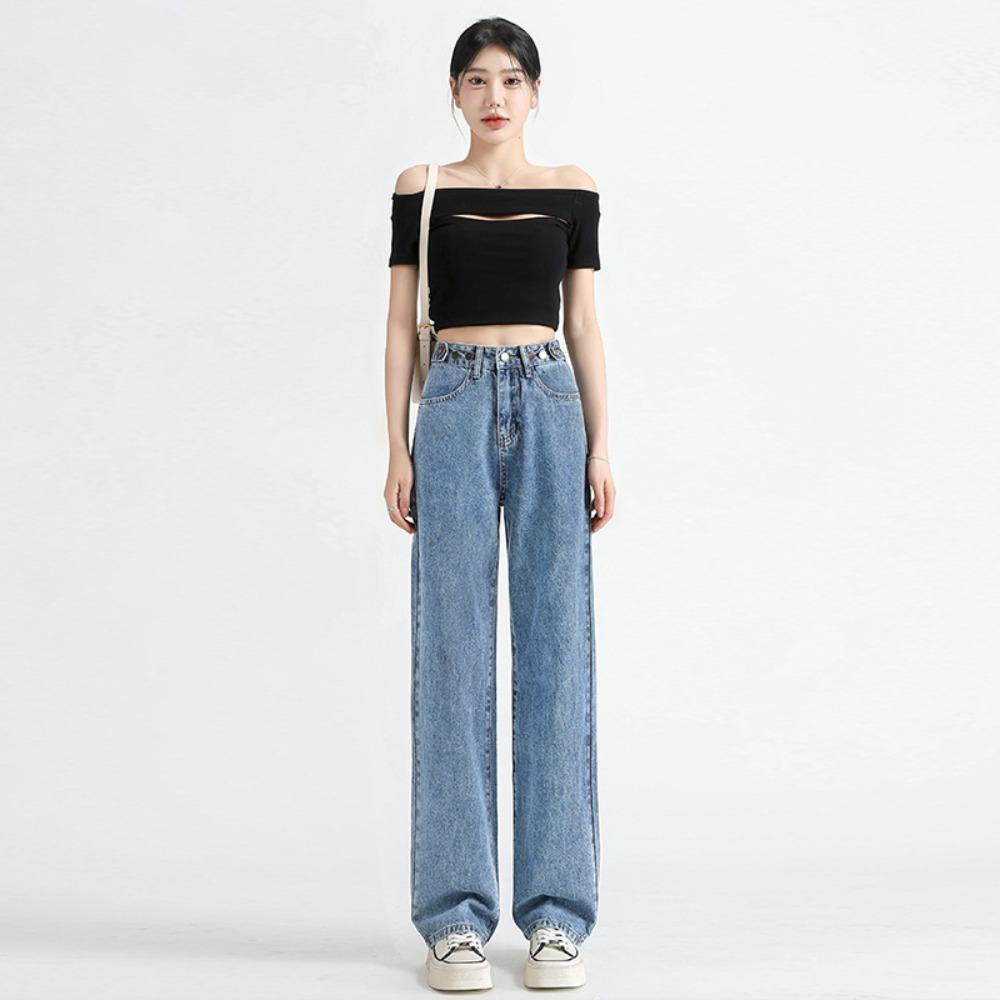 

Spring and Autumn retro wide-leg jeans 2025 high waist loose and thin multi-button waist straight mopping pants 2XL