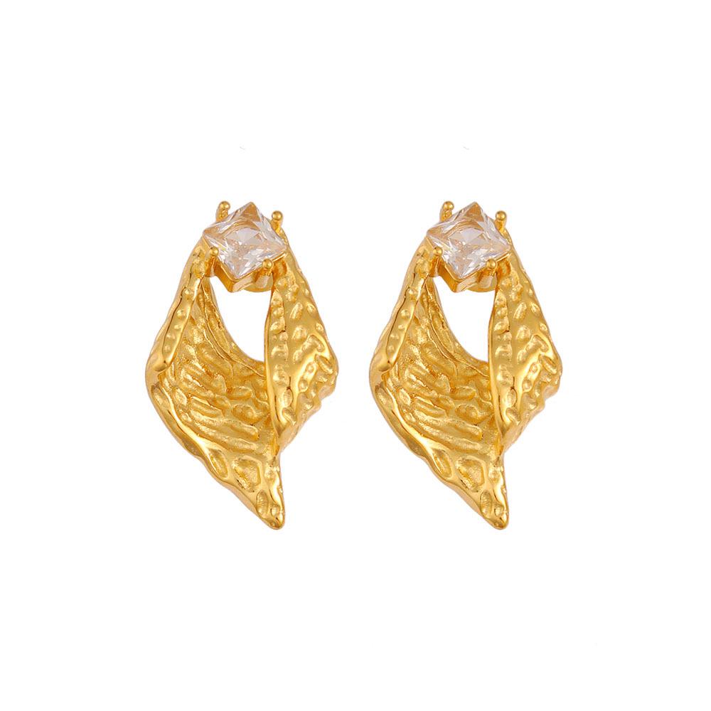 French Seashell Diamond Stud Earrings in 18K Gold-Plated Stainless Steel - Luxury Square Design