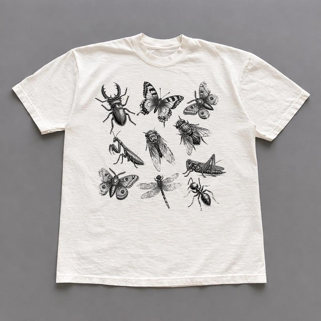 Vintage Insect T-Shirt, Retro Moth Butterfly Beetle Bee Graphic Top, Streetwear T-Shirt
