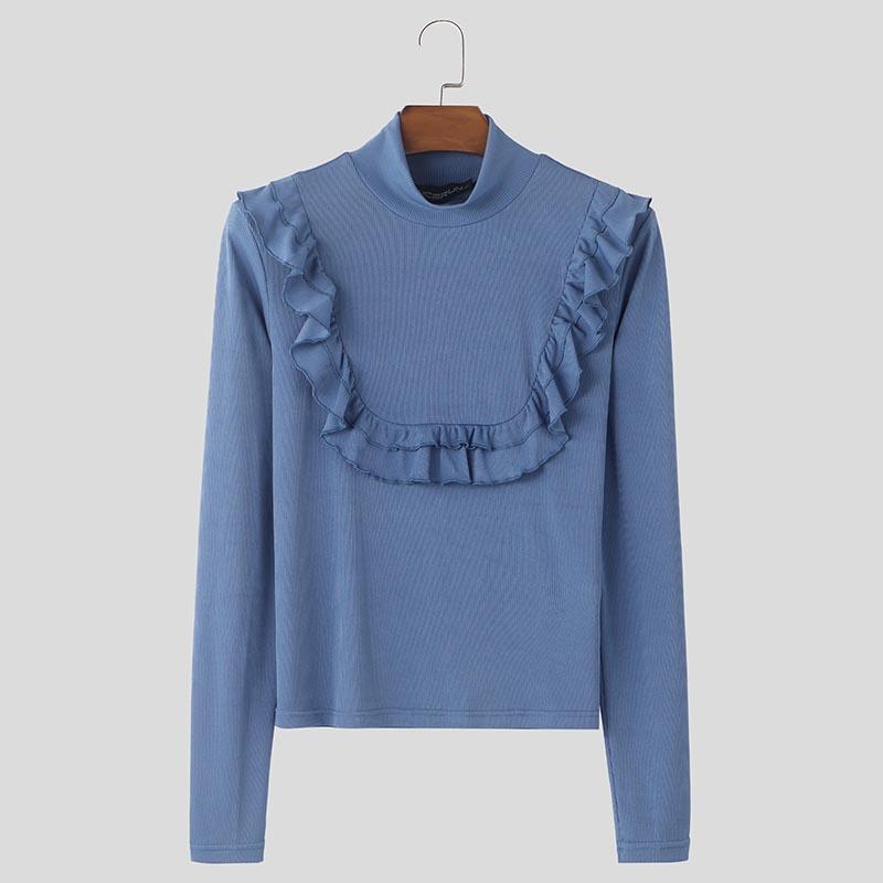 

INCERUN Мужские топы с воротником-стойкой и длинными рукавами, с оборками, облегающие майки XL синий