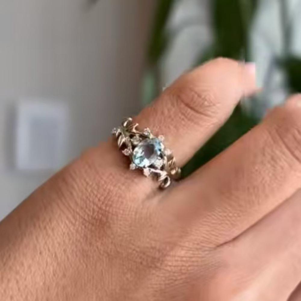 Luxury New Gold-plated Inlaid Aquamarine Single Ring, Leaf Shape Creative Women's Ring Simple and Fashionable