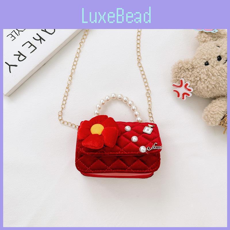 Kids Red Chain Crossbody Bag With Flower And Artificial Pearl Handle Design