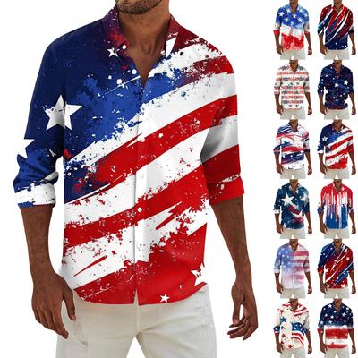 Men's Fashion Long Sleeve Independence Day Printed Casual T Shirt Button Regular Fit Shirt Top