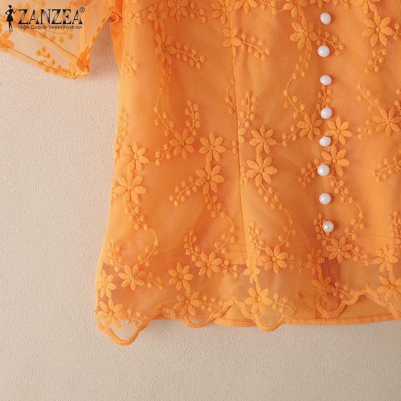 ZANZEA Bluză casual de damă cu guler înalt, mânecă scurtă, patchwork cu broderie din dantelă