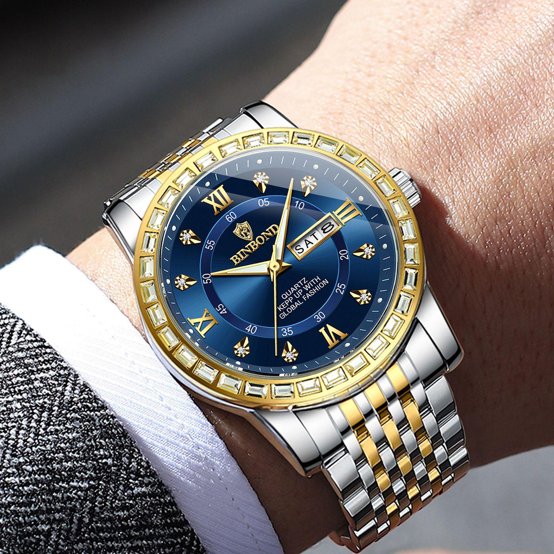 Men s Genuine Diamond-Inlaid Mechanical Watch – Trendy, Waterproof, Double Calendar, Luminous Quartz. Steel - Blue Dial