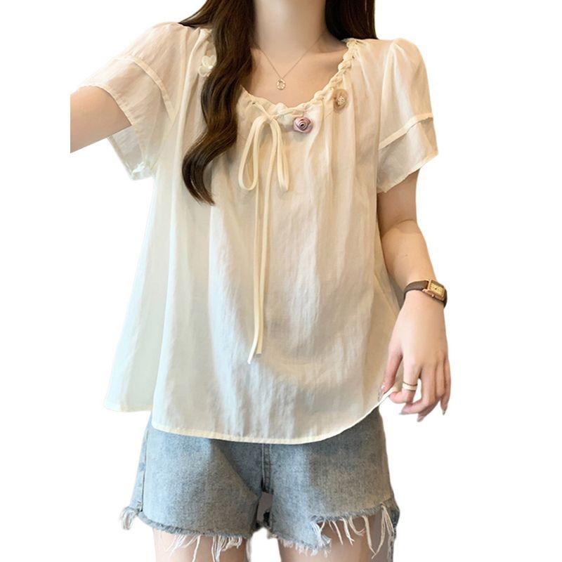 Plus Size Women's French Belly Covering Classic Style Short Sleeve Shirt Female Summer Fat Sister Loose Slimming Chiffon Top