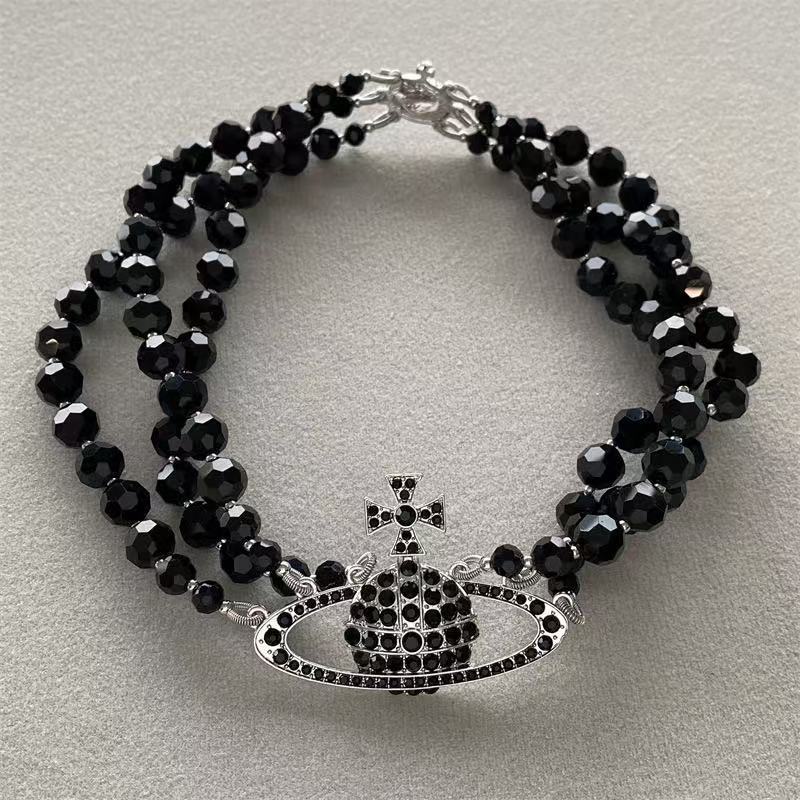 2025 Fashion Charm Saturn Black Beads Queen Dowager Necklace Three Layer Heavy Industry Choker Clavicle Chain Trendy Female