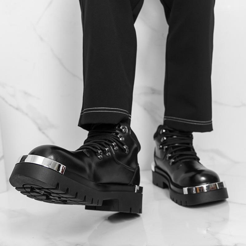 Plus Size Men's High-Top Thick-Soled Leather Boots - Autumn/Winter Big-Toe Short Boots