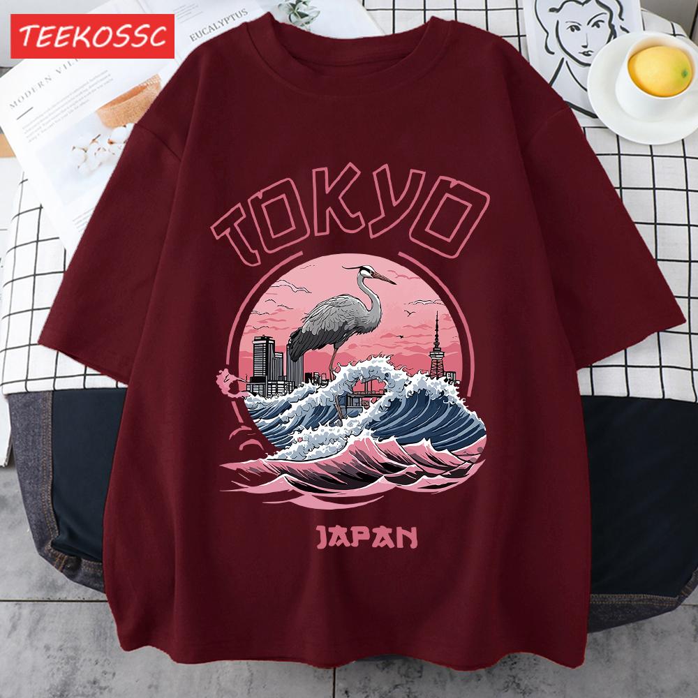 Tokyo Japan Harajuku Crane Waves Men TShirt AllMatch Casual Short Sleeve Cotton Summer Tee Male Hip Hop ONeck Streetwear