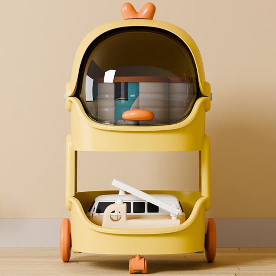 Yousheng Kids Toy Storage Organizer with Wheels And Top Lid Space Duck/Rabbit Design Stackable Rolling Cart for Baby Nursery Playroom Bedroom