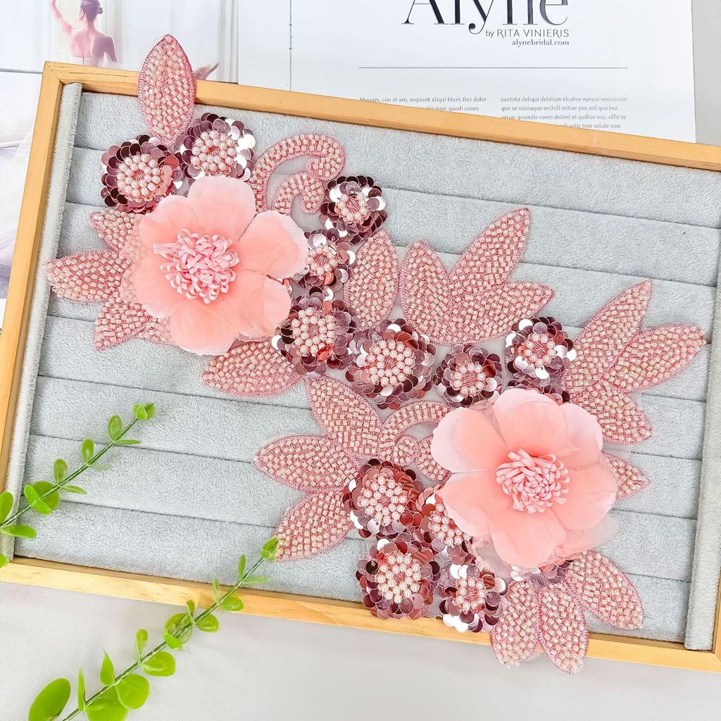 Heavy Industry Pink Beaded Sequins Three-Dimensional Flower Clothing Lace Evening Dress Dance Clothing Decorative Decal Fabric Stickers Accessories