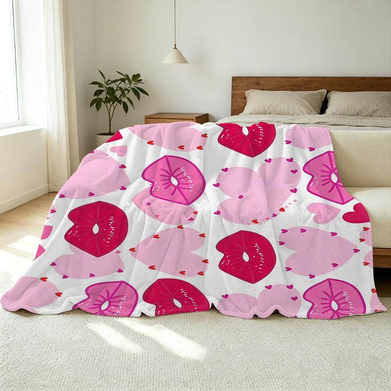 Thick Warm Flannel Blanket Heart & Lip Print, Soft Skin-Friendly Cozy Throw for Home Decor, Guest Room Single, Perfect Valentine's Gift