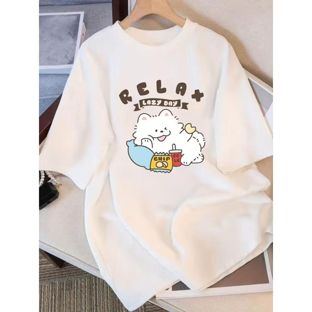 Cute White Cat Cherry Drink Print T-Shirt Unisex Crew Neck Oversized Tee Cute Anime Cat Graphic Shirt for Summer