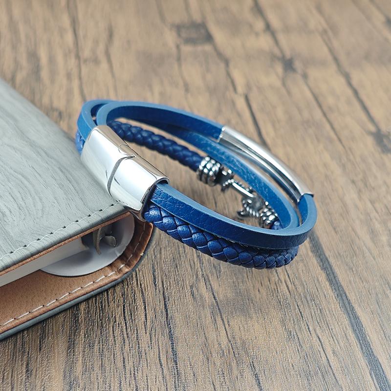 Trendy Blue Leather Anchor Chain Bracelets for Men Stainless Steel Bracelets for Male Hand-woven Jewelry Gifts Wholesale