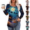 Women's Casual Long Sleeve T-Shirt Pleated Round Neck Halloween Pumpkin Print Top Lightweight Comfortable Fit