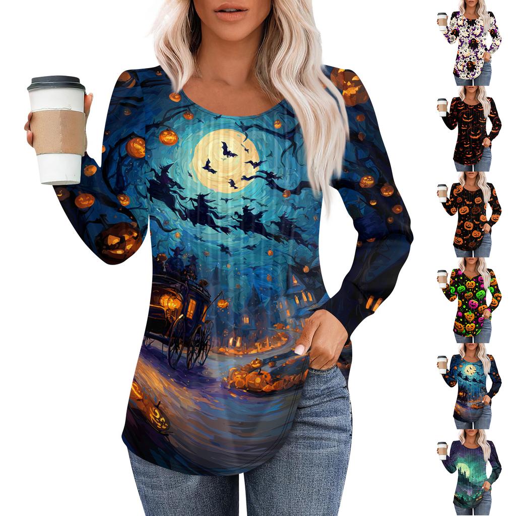 Women's Casual Long Sleeve T-Shirt Pleated Round Neck Halloween Pumpkin Print Top Lightweight Comfortable Fit