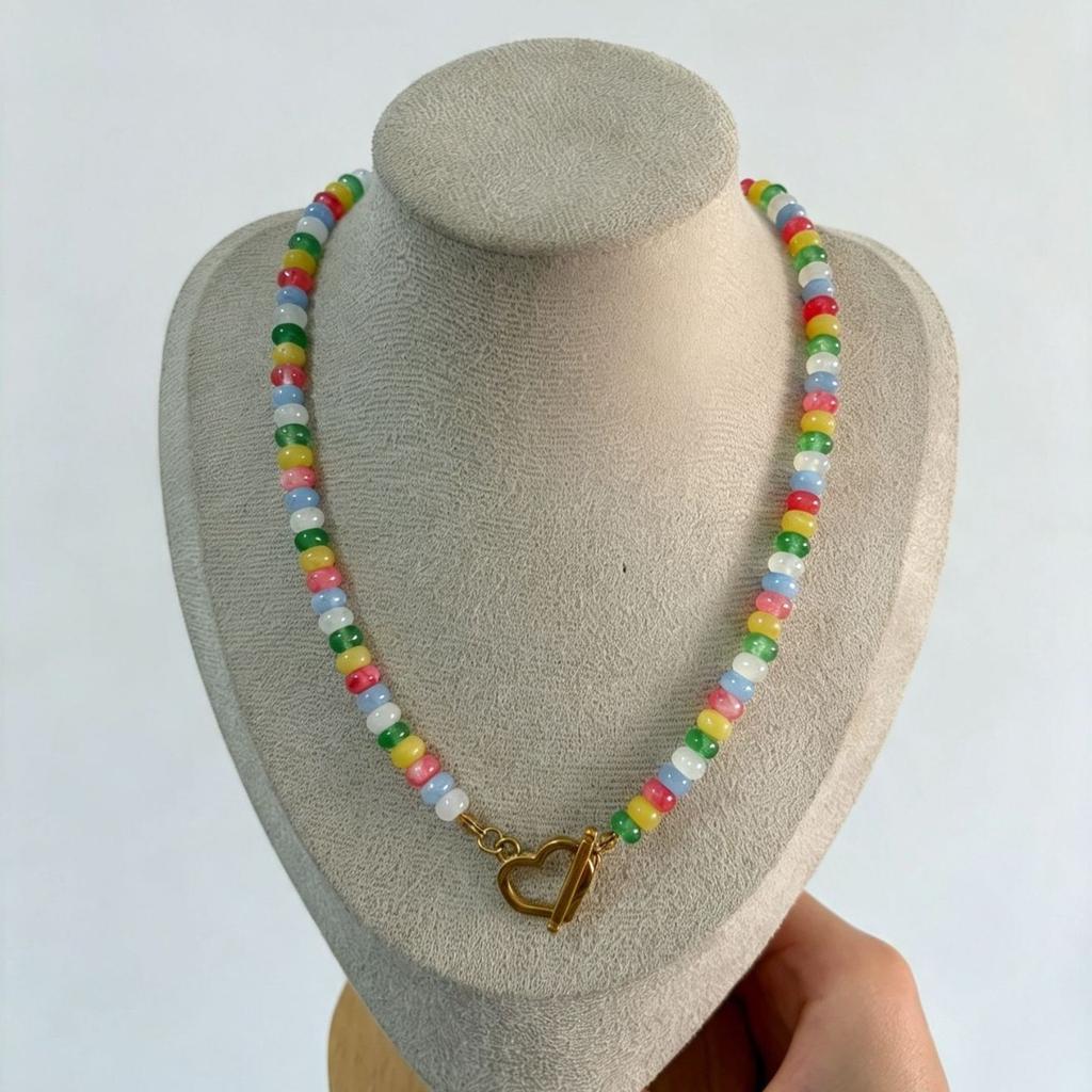 New colorful natural stone abacus bead necklace, featuring a unique and fresh design with a heart motif OT Stainless steel clasp collarbone chain