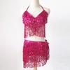 Belly Dancer Outfit Sequin Tassel Bra Top with Fringe Hip Scarf Set Sparkling Rave Party Costume for Women Girls