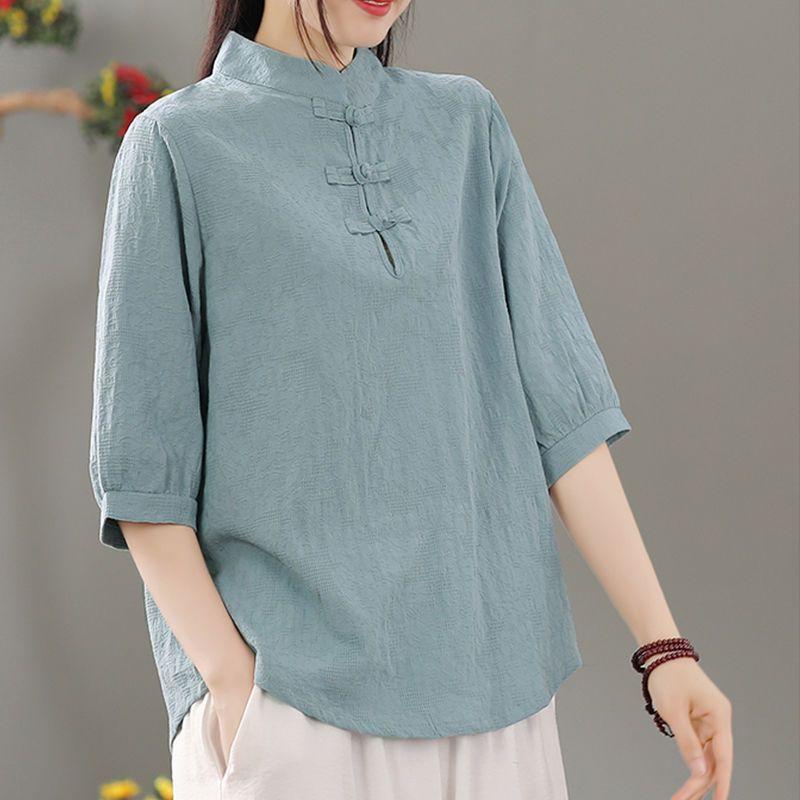 Blusa de Lino para Mujer Estilo Chino Cuello Mandarín Botón de Rana Manga Media Casual Primavera Verano
