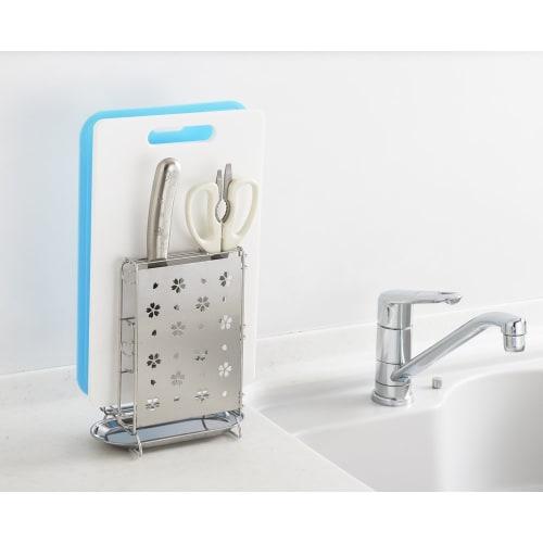 Yoshikawa Knife, Cutting Board, and Kitchen Scissors Stand, Cherry Blossom Design, Stainless Steel, 15.2 x 10.2 x 21.7 cm, Tsubame-Sanjo, Made in Japa