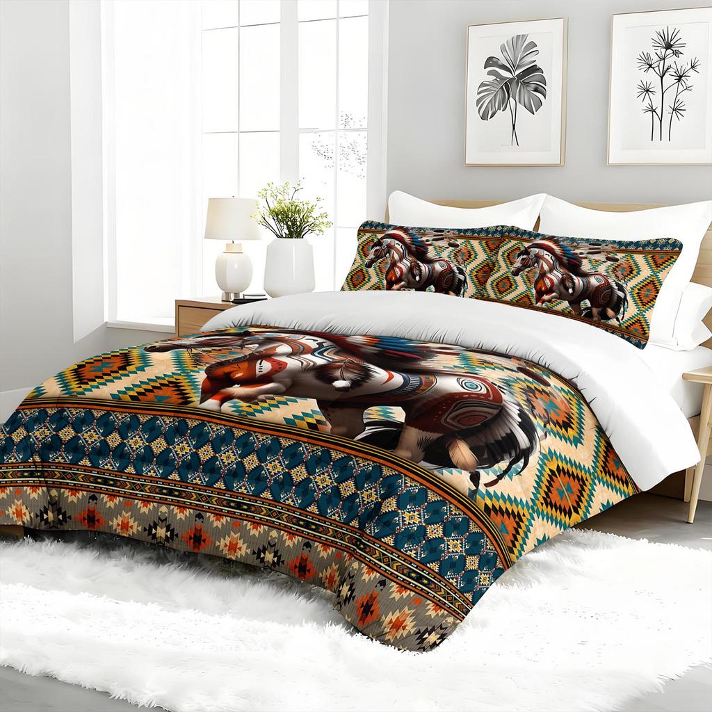 3PC Western Horse Aztec Native American Duvet Set with 2 Pillowcases for Bedroom Or Guest Room Comforter Set