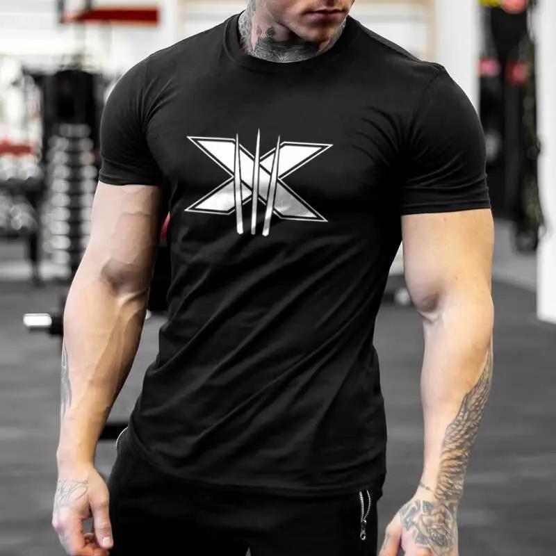 Mens Gym Fitness Clothing Man Cotton Sports Short Sleeve Tshirt Running Training Slim Printed Shirt Sweatshirt Casual Tops