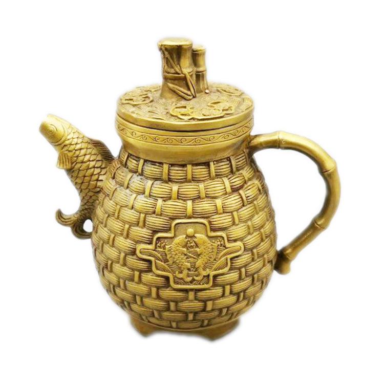 Copper with Fish On Bamboo Monkey Pot Home Decoration Metal Craft Chinese Style Money Mouse Ornament